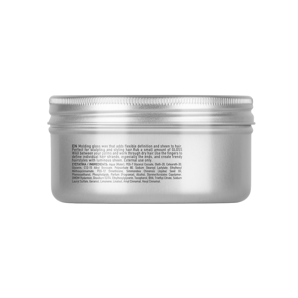 Farcom Seri Gloss Wax silver tin side view with ingredient label and usage instructions
