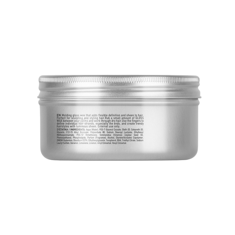 Farcom Seri Gloss Wax silver tin side view with ingredient label and usage instructions