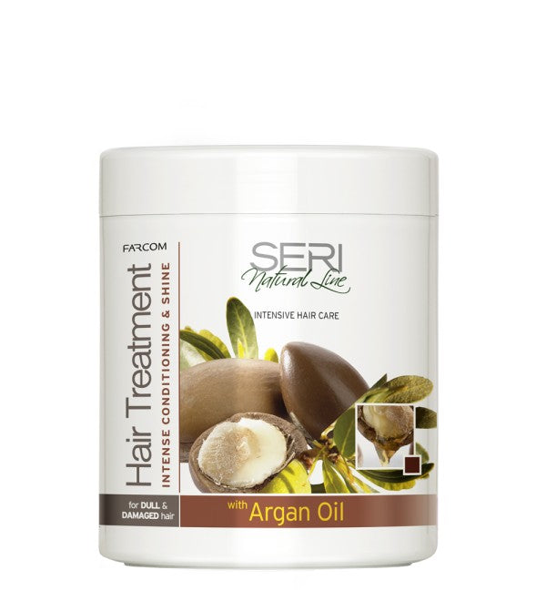 Farcom Seri Argan Oil hair treatment for dull damaged hair front view with argan nut graphic