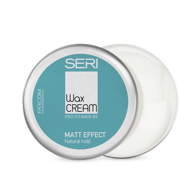 Farcom Seri Wax Cream open tin showing white matte finish styling product