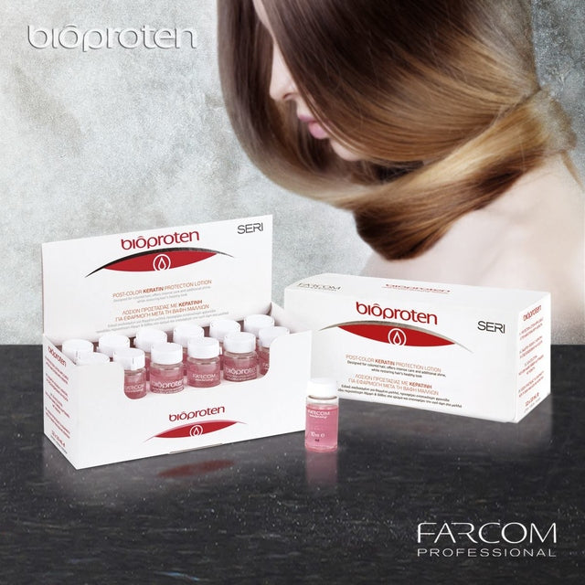 Farcom Bioproten keratin treatment ampoules display with blurred model showing restored colored hair