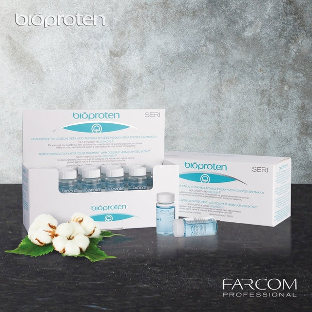 Farcom Bioproten restructuring lotion vials with cotton bolls for damaged hair