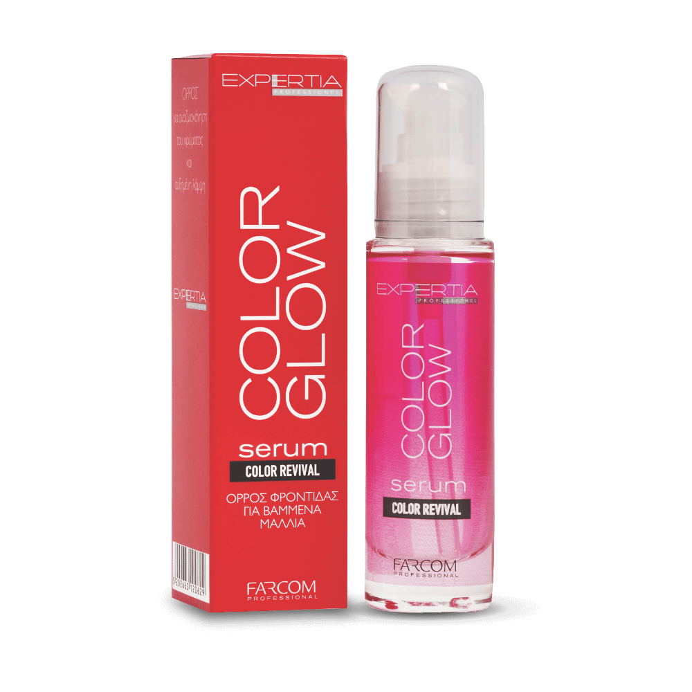 Farcom Expertia Color Glow Serum for colored hair with pink liquid bottle and red packaging