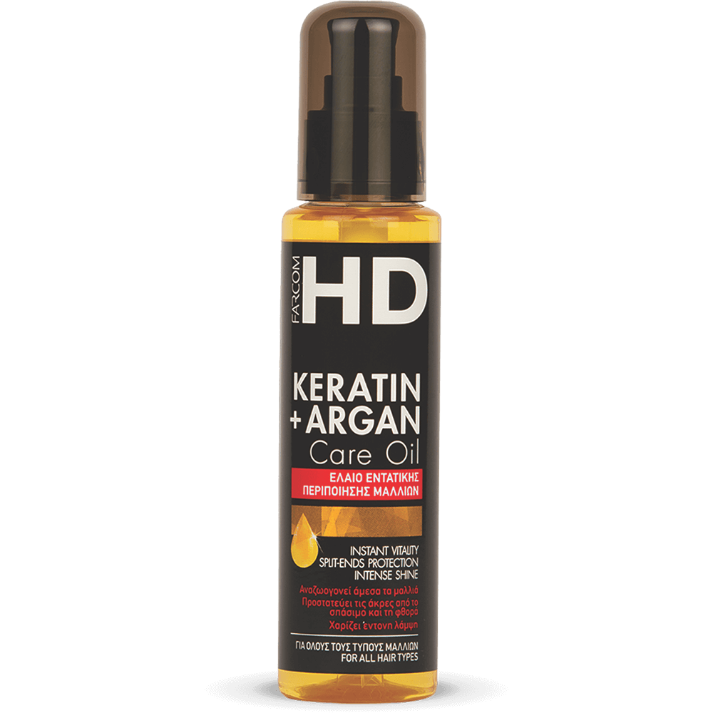 Farcom HD Keratin Argan Care Oil 100ml in amber glass bottle for split-end protection and intense shine