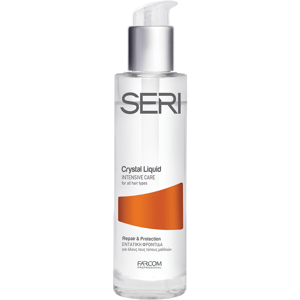 Farcom Seri Crystal Liquid Repair & Protection Silk Proteins 50ml serum in transparent glass bottle with silver pump for frizz reduction