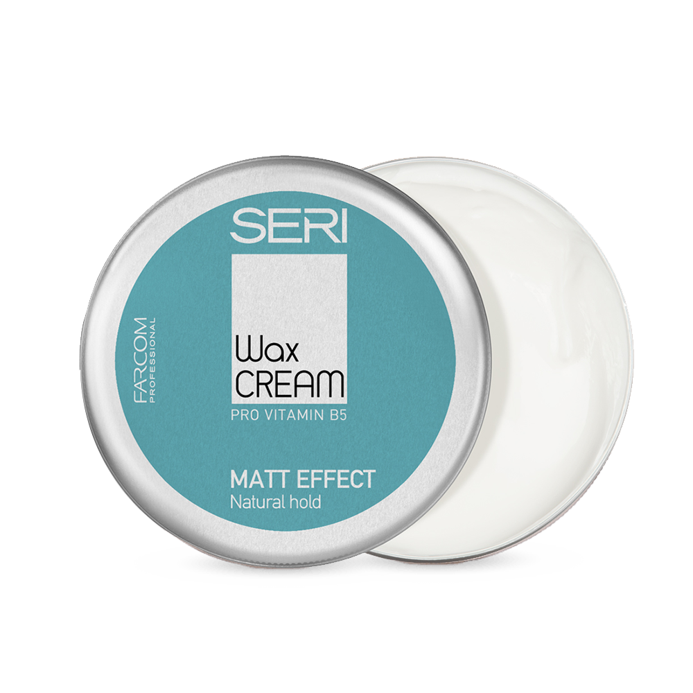 Farcom Seri Wax Cream open tin showing white matte finish styling product