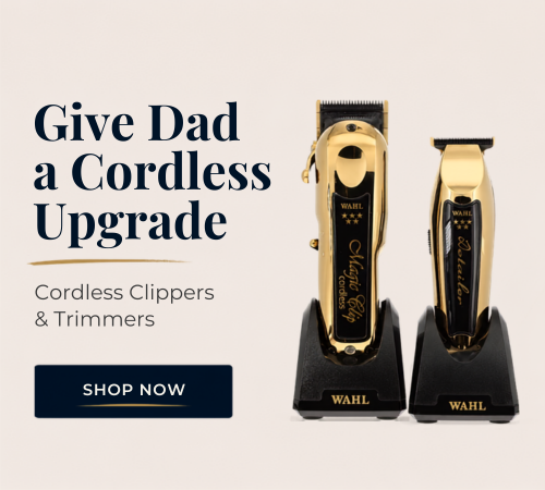 Two Wahl cordless clipper and trimmer products displayed on black charging stands against a light beige background, with promotional text on the left reading 'Give Dad a Cordless Upgrade' and a 'SHOP NOW' button.