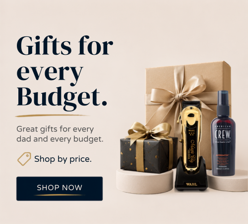 Promotional banner for WAIL and WAILER gift set, featuring a gold and black hair clipper and a dark blue hair oil bottle, styled with gold and black gift boxes on a beige background with text 'Gifts for every Budget.'.