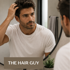 A man in a white t-shirt looking at his reflection in a bathroom mirror, with the text 'THE HAIR GUY' overlaid at the bottom left.
