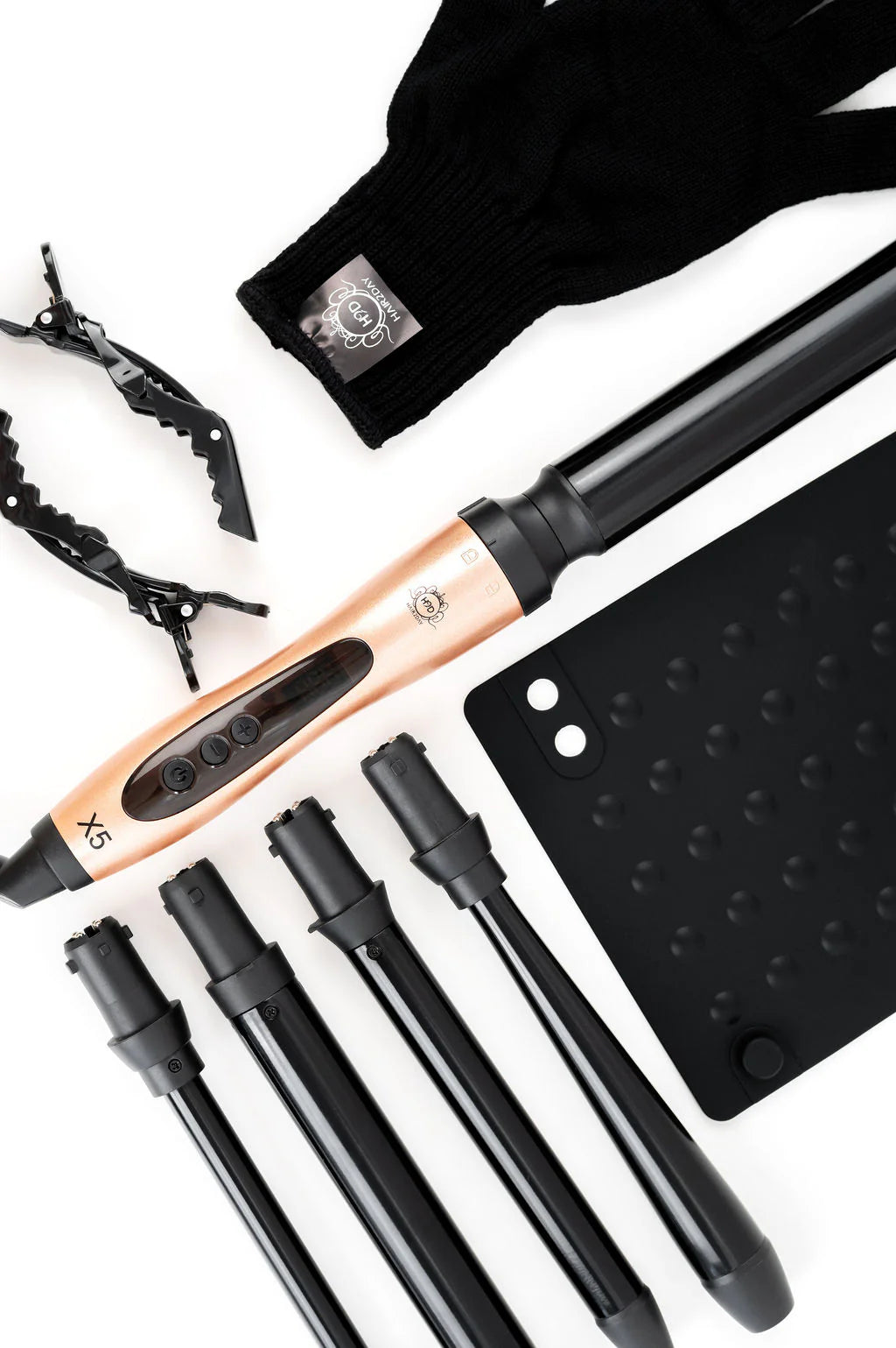 H2D Rose Gold X5 Professional Curling Wand with Mat, Glove & Clips