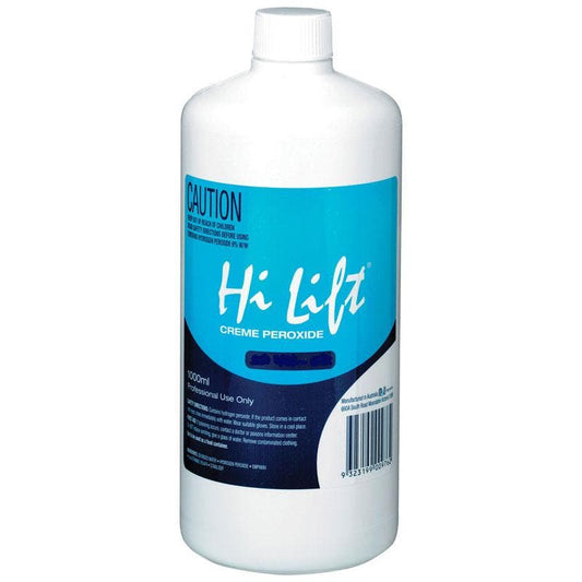 1L Hi Lift Creme Peroxide developer bottle with blue label and caution text on front