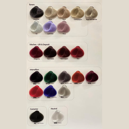 Hi Lift True Colour hair colour swatch chart showing toners, meches and intensifier shades