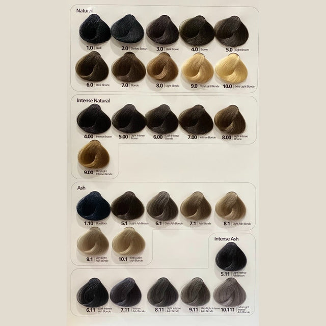 Hi Lift True Colour swatch chart displaying natural, intense natural and ash hair colour levels