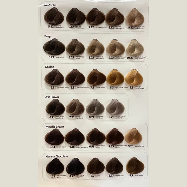 Hi Lift True Colour swatch card with ash violet, beige, golden, ash brown and metallic brown tones