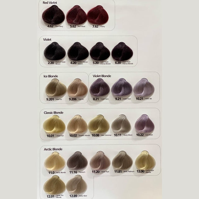 Hi Lift True Colour swatch chart featuring red violet, violet, ice blonde, violet blonde and arctic blonde