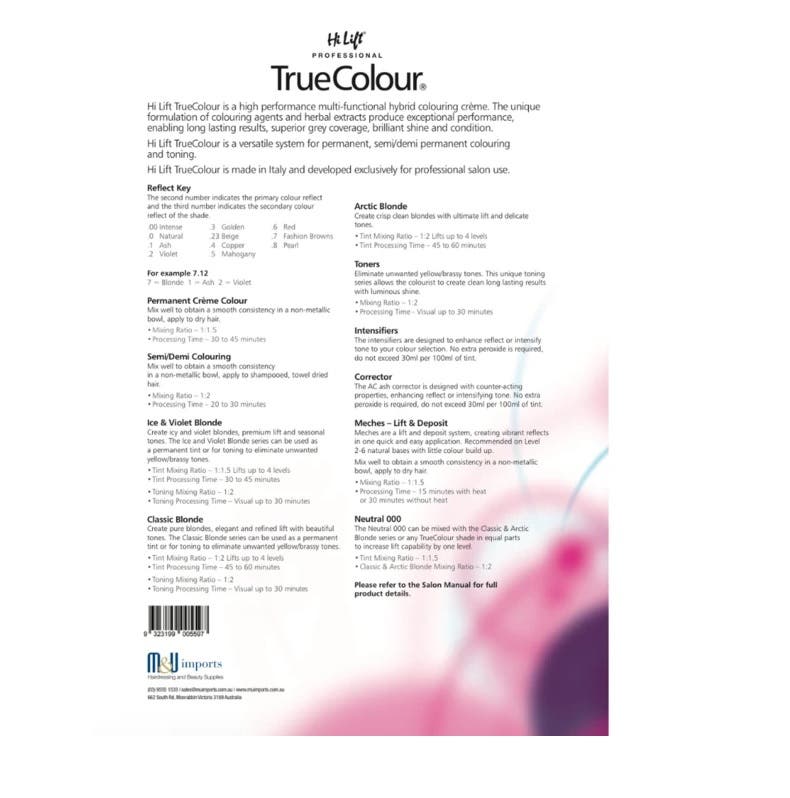 Back of Hi Lift True Colour information sheet detailing usage directions and shade guides
