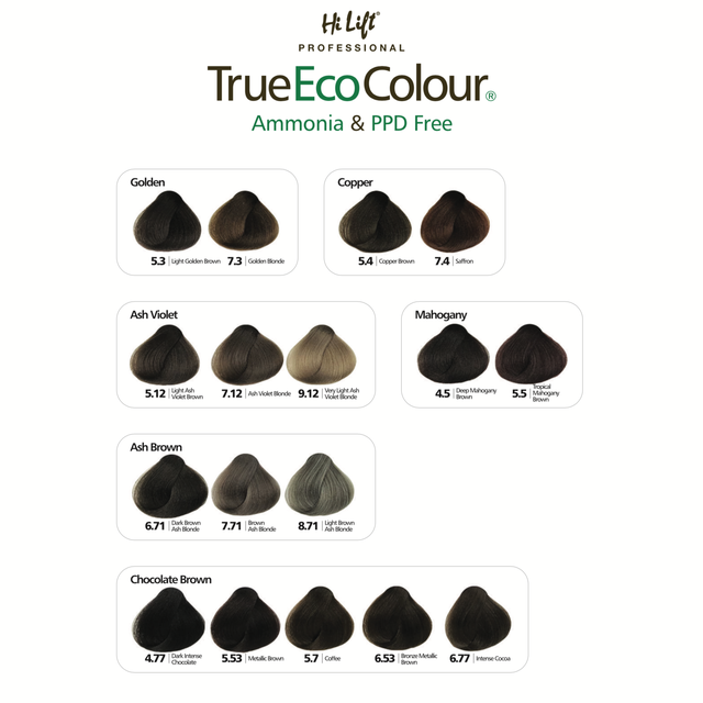 Hi Lift True Eco Colour shade chart featuring golden, copper, ash, mahogany and chocolate browns
