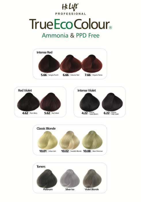 Hi Lift True Eco Colour shade chart with reds, violets, classic blondes and toner swatches