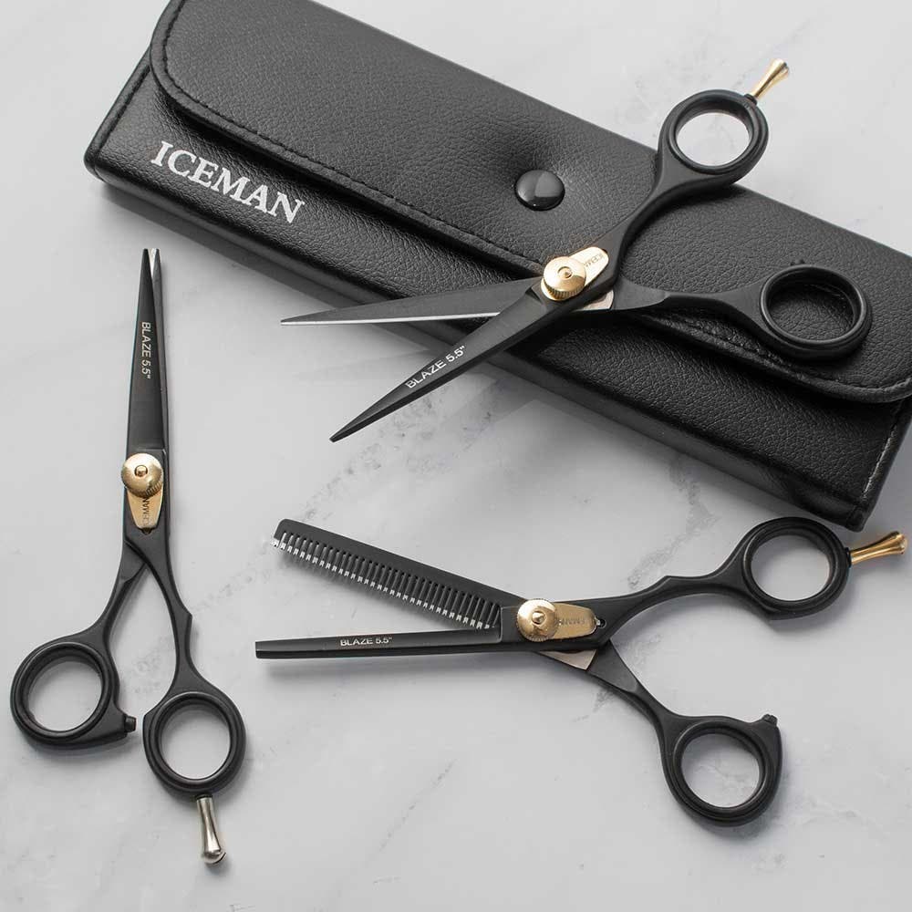 Iceman Blaze Black Offset Hairdressing Scissors w/ Storage Bag