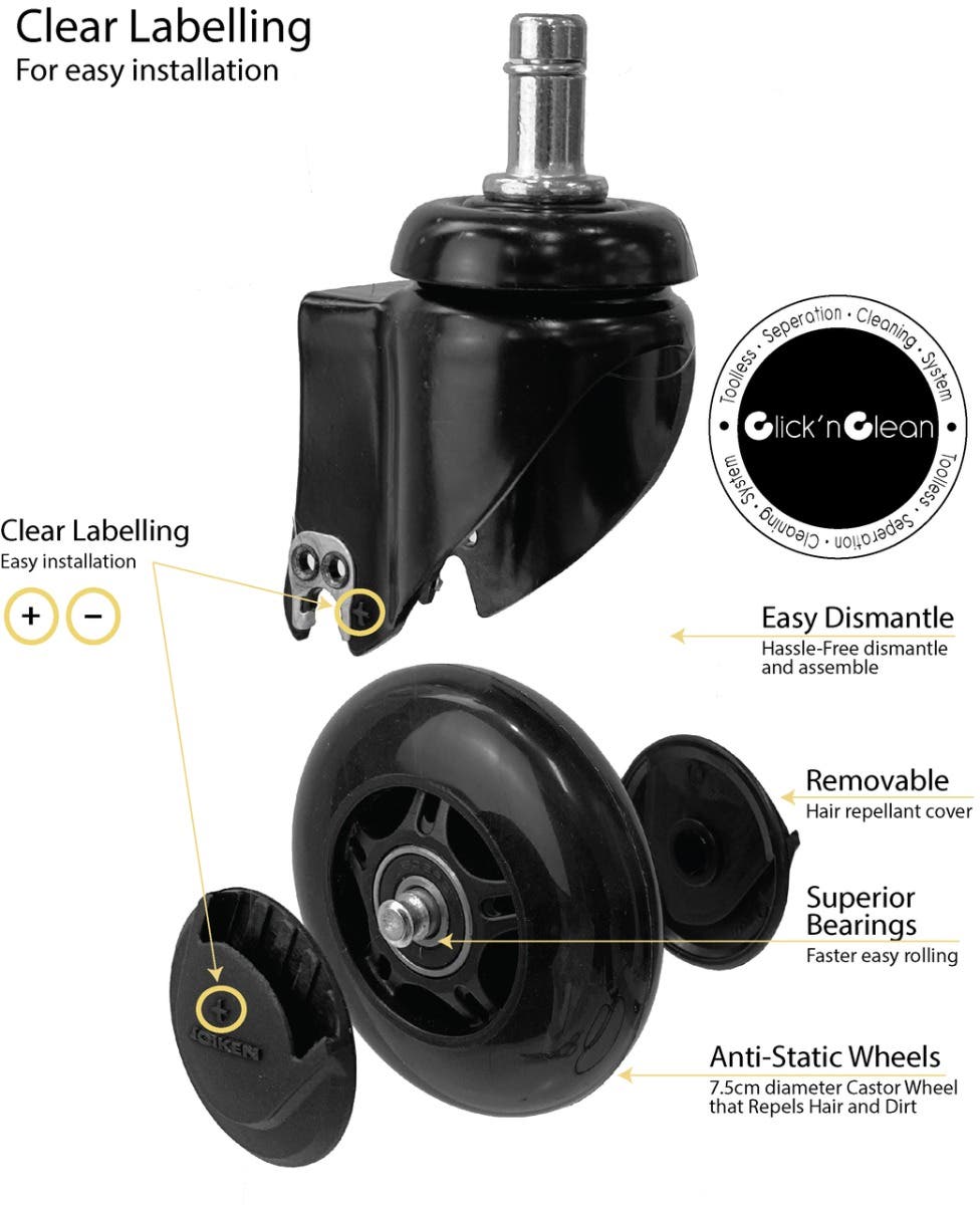 Joiken Turbo Black Salon Stool - Black Base, Click'n Clean Castor Wheels