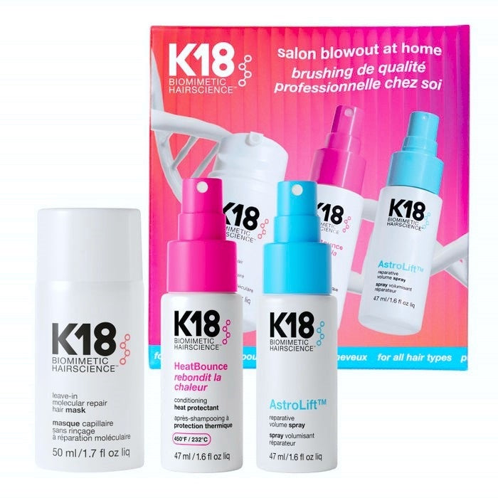 K18 Salon Blowout at Home Kit Leave-In Molecular Repair Hair Mask 50ml, HeatBounce Conditioning Heat Protectant 47ml and AstroLift Volume Spray 47ml
