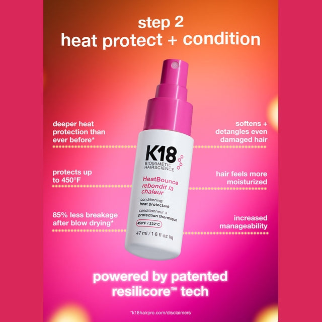 K18 Salon Blowout at Home Kit Leave-In Molecular Repair Hair Mask 50ml, HeatBounce Conditioning Heat Protectant 47ml and AstroLift Volume Spray 47ml
