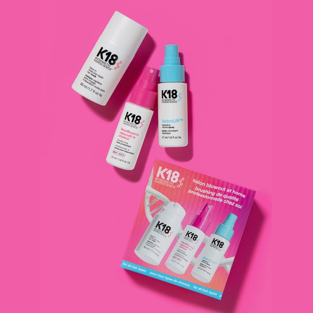 K18 Salon Blowout at Home Kit Leave-In Molecular Repair Hair Mask 50ml, HeatBounce Conditioning Heat Protectant 47ml and AstroLift Volume Spray 47ml