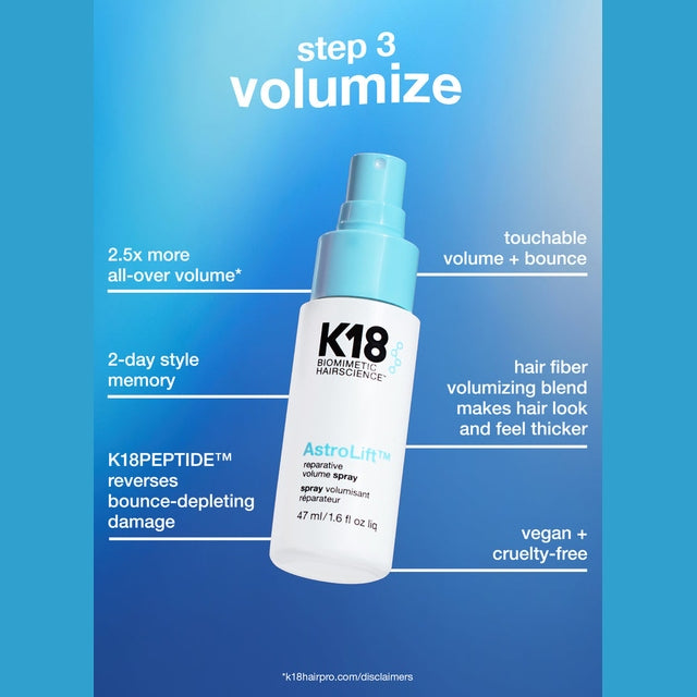 K18 Salon Blowout at Home Kit Leave-In Molecular Repair Hair Mask 50ml, HeatBounce Conditioning Heat Protectant 47ml and AstroLift Volume Spray 47ml