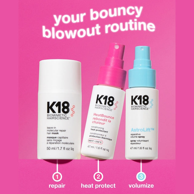 K18 Salon Blowout at Home Kit Leave-In Molecular Repair Hair Mask 50ml, HeatBounce Conditioning Heat Protectant 47ml and AstroLift Volume Spray 47ml