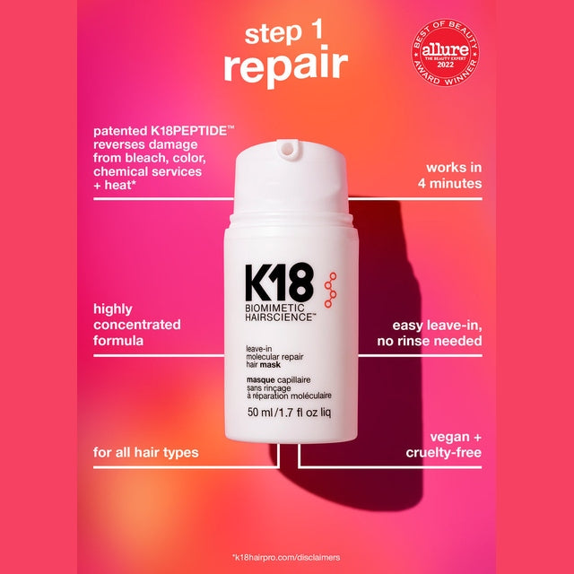 K18 Salon Blowout at Home Kit Leave-In Molecular Repair Hair Mask 50ml, HeatBounce Conditioning Heat Protectant 47ml and AstroLift Volume Spray 47ml