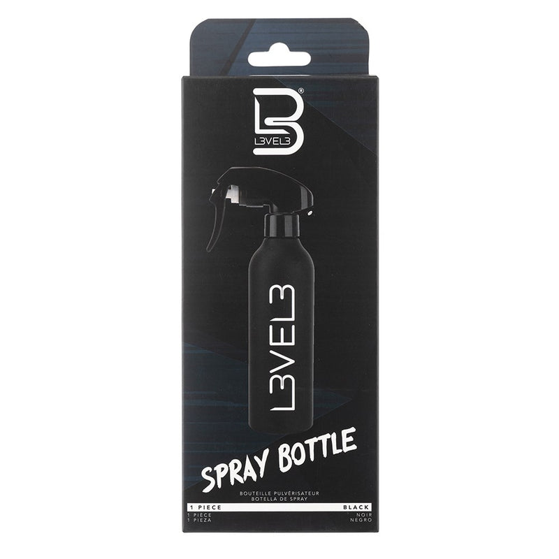Black spray bottle with packaging displaying 'LEVEL3' branding on a white background