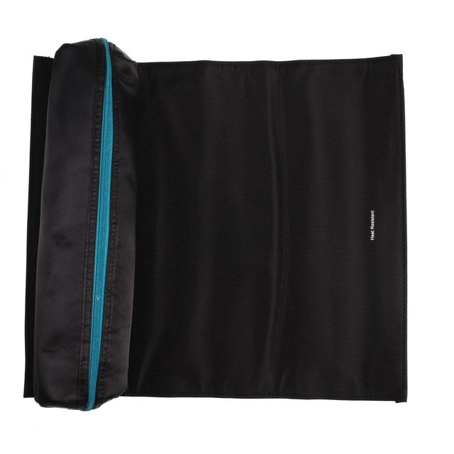 LTN roll mat bag laid flat open, showing black heat resistant mat and turquoise zippered pouch