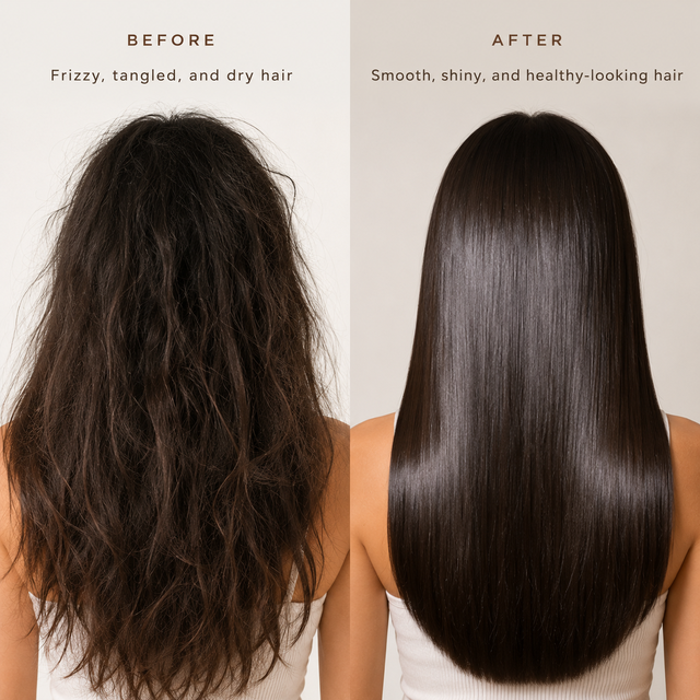 Before and after comparison of hair transformation with frizzy, tangled, and dry hair on the left and smooth, shiny, and healthy-looking hair on the right.