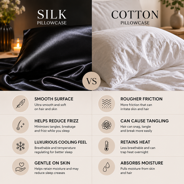 Comparison chart of silk and cotton pillowcases with visual examples and text on benefits.
