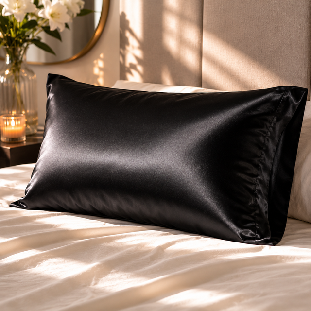 Black satin pillow on a bed with soft lighting