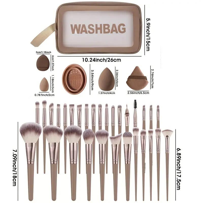 Makeup Brush Set with Nylon Bristles with Wash Bag - Brown