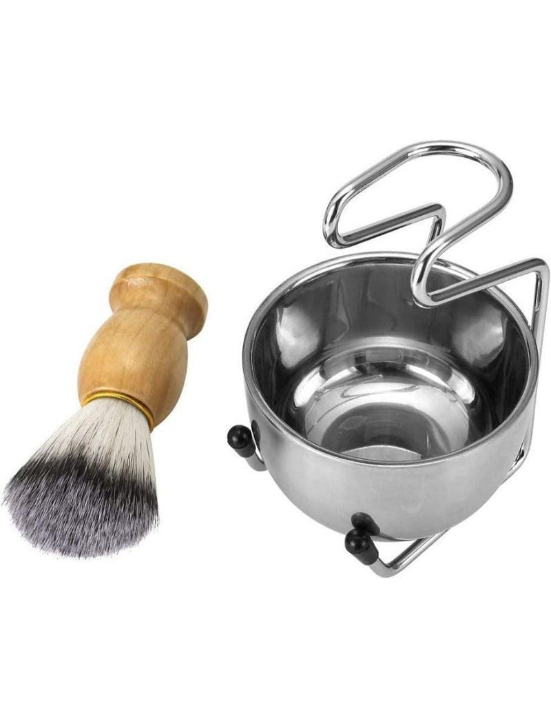 Mens Shaving Brush Set Badger Hair, Stainless Steel Stand, Bowl and Razor Holder