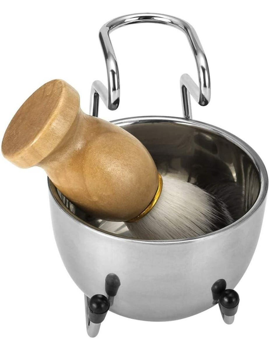 Mens Shaving Brush Set Badger Hair, Stainless Steel Stand, Bowl and Razor Holder