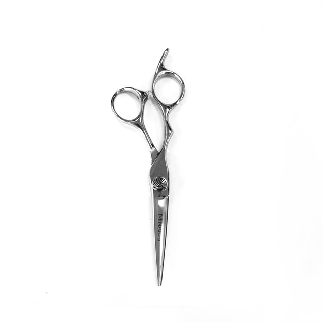 OBU Minarai CENTURION 5.5 inch left-handed stainless steel hairdressing scissors on white background