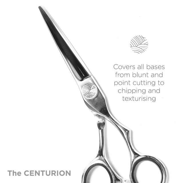 Close-up of OBU Minarai CENTURION left-handed 5.5 inch scissors with text about blunt, point and texture cutting