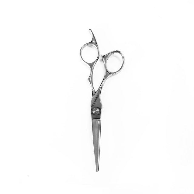 Reverse side view of OBU Minarai CENTURION 5.5 inch left-handed stainless steel barber scissors
