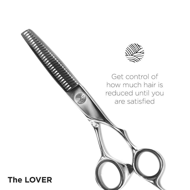Close-up of OBU Masuta LOVER 6 inch left-handed thinning scissor with text about hair control