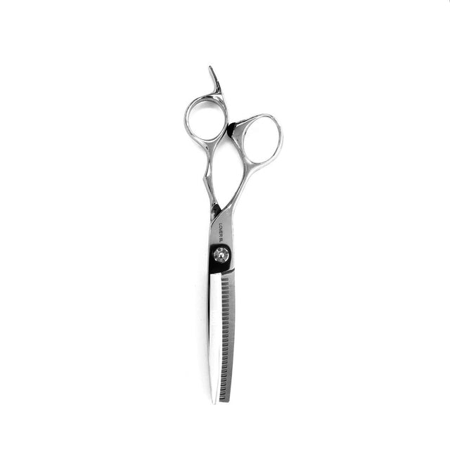 Side view of OBU Masuta LOVER 6 inch left-handed hair thinning scissor with toothed blade
