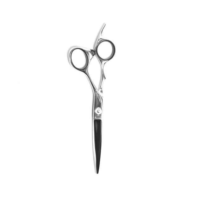 Reverse view of OBU Masuta CREATOR SS 6 inch hairdressing scissor with offset handle