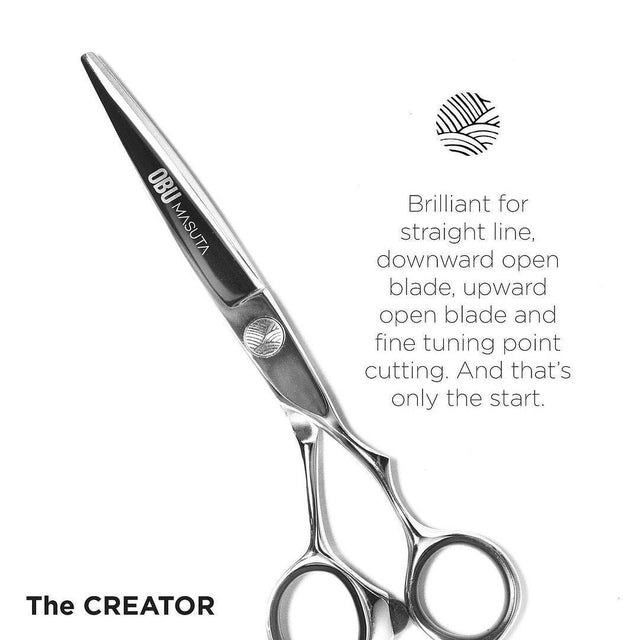 Close-up of OBU Masuta CREATOR SS 6 inch scissor with text describing cutting capabilities