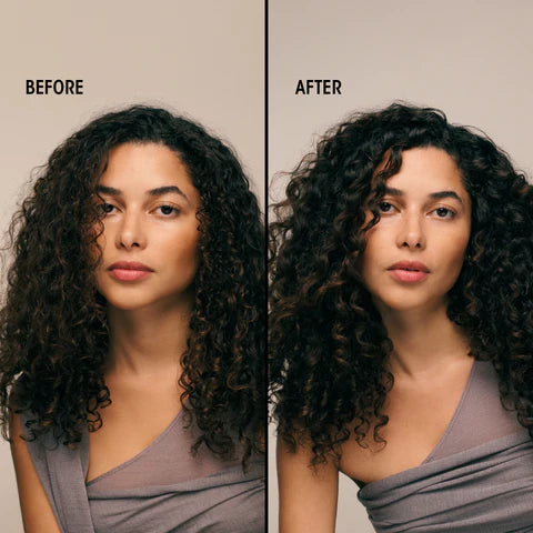 A side-by-side before and after comparison showing a woman with long, dark, curly hair. The left side is labeled 'BEFORE' and shows looser, less defined curls.