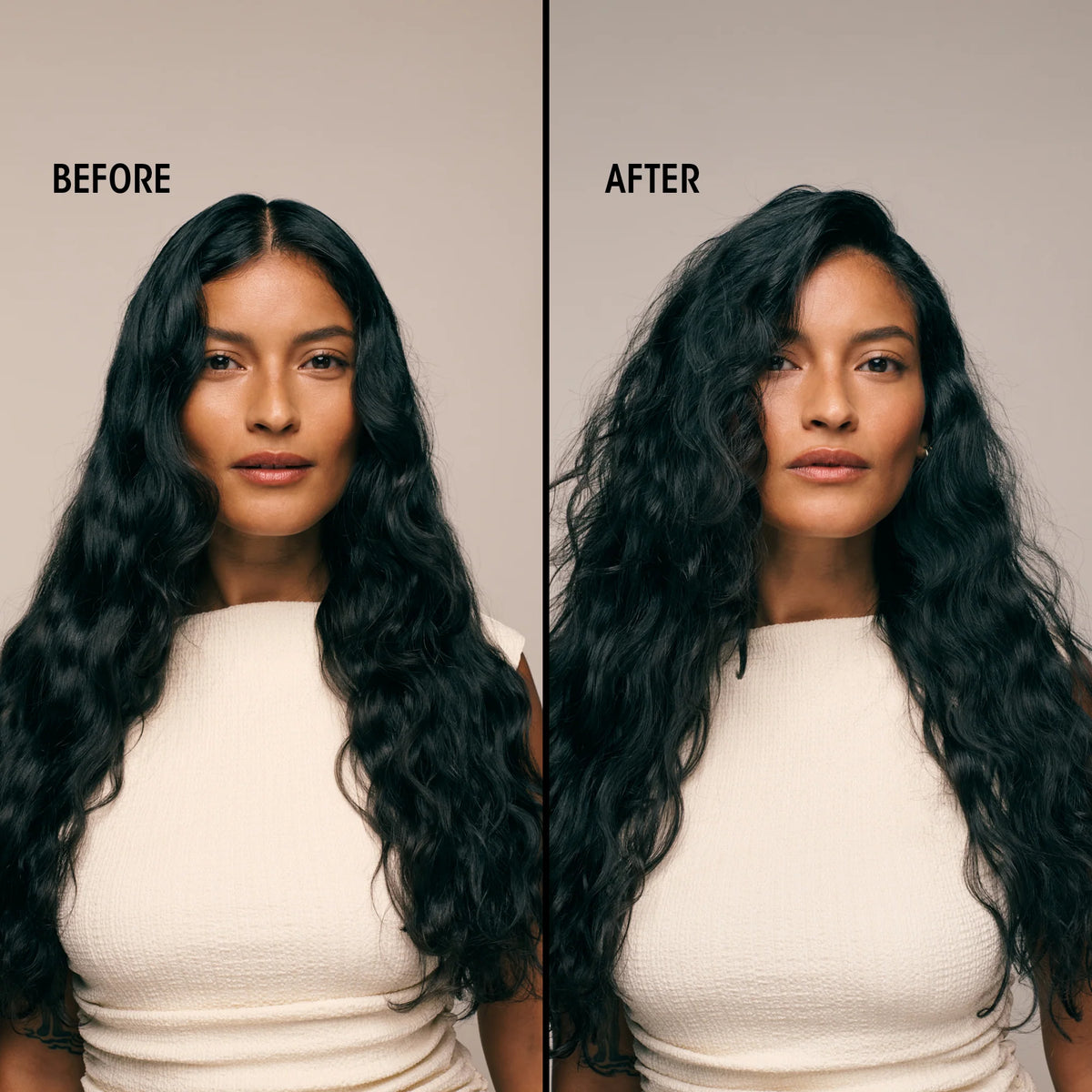 A split-screen before-and-after comparison of a woman with long, dark, wavy hair. The left side is labeled 'BEFORE' and shows the hair in a straighter, flatter style.