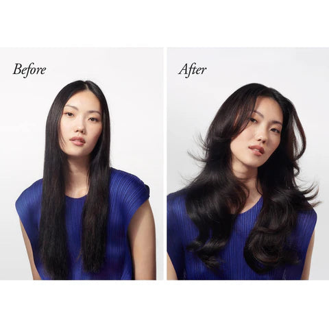 Before and after comparison of a woman with hair styled using Oribe Grandiose Hair Plumping Mousse on a white background