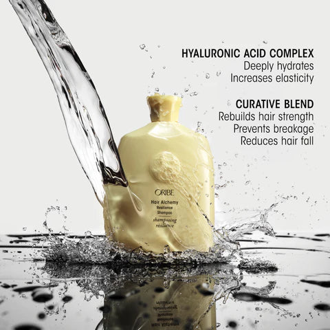  The Oribe Hair Alchemy Resilience Shampoo is a protective, ultra-nourishing cleanser that penetrates the hair cortex with the Oribe Curative Blend of chia seed, bio-fermented bamboo leaf, and plant-based protein to build strength from within. 