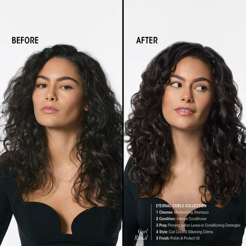 Before-and-after comparison of a woman with long, curly dark hair styled with a curling product. The left side is labeled BEFORE and shows looser, less defined curls.